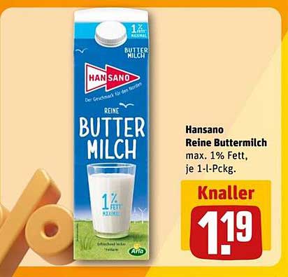 Hansano Reine Buttermilch max. 1% Fett, je 1-l-Pckg.