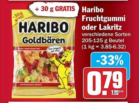 Haribo Fruchtgummi oder Lakritz verschiedene Sorten 205-125 g Beutel (+30 g GRATIS)