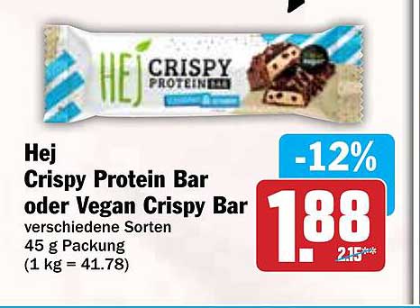 Hej Crispy Protein Bar oder Vegan Crispy Bar 45 g - verschiedene Sorten