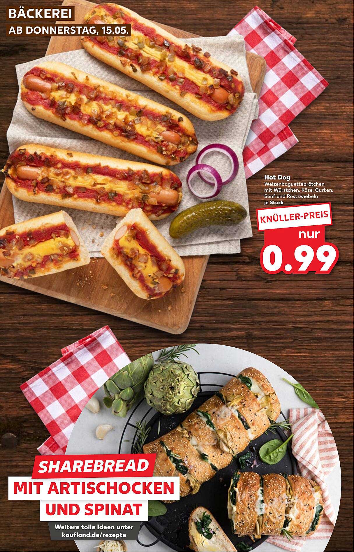 Hot Dog - Weizenbaguettebrötchen mit Würstchen, Käse, Gurken, Senf und Röstzwiebeln, je Stück