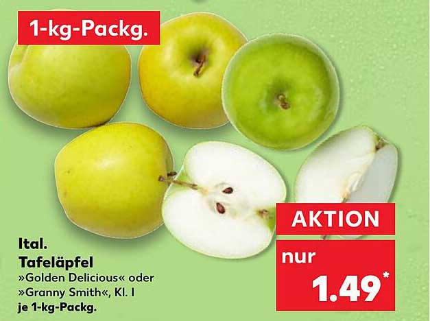 Ital. Tafeläpfel »Golden Delicious« oder »Granny Smith«, Kl. I je 1-kg-Pack.