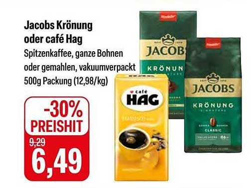 Jacobs Krönung oder café Hag - Spitzenkaffee, ganze Bohnen oder gemahlen, vakuumverpackt 500g Packung
