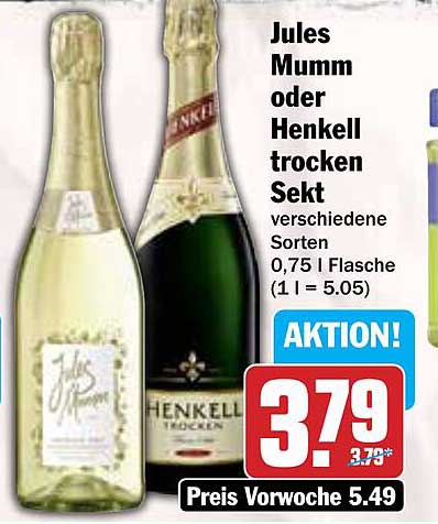 Jules Mumm oder Henkel trocken Sekt 0,75 l Flasche