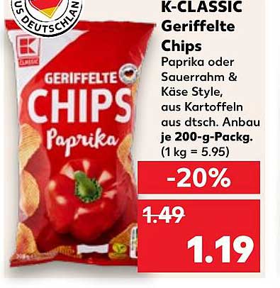 K-CLASSIC Geriffelte Chips Paprika oder Sauerrahm & Käse Style, 200-g-Packung