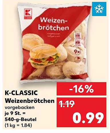 K-CLASSIC Weizenbrötchen vorgebacken, 9 St. = 540-g-Beutel