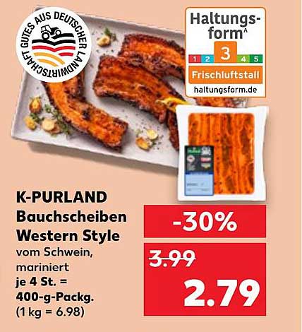K-PURLAND Bauchscheiben Western Style vom Schwein, mariniert je 4 St. - 400-g-Packung