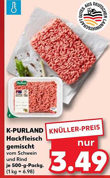 K-PURLAND Hackfleisch gemischt vom Schwein und Rind je 500-g-Packung