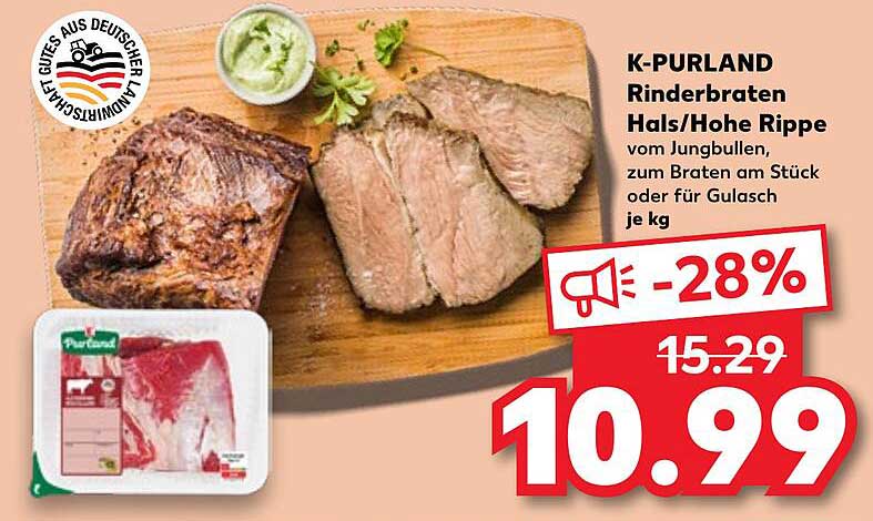K-PURLAND Rinderbraten Hals/Hohe Rippe vom Jungbullen, zum Braten am Stück oder für Gulasch je kg