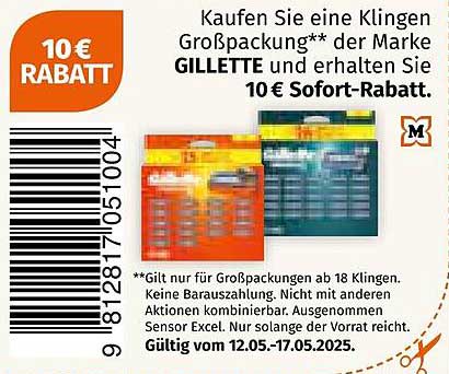 Kaufen Sie eine Klingen Großpackung der Marke GILLETTE und erhalten Sie 10 € Sofort-Rabatt.