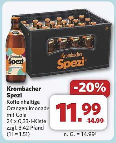 Krombacher Spezi - Koffeinhaltige Orangenlimonade mit Cola