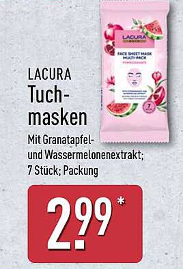 LACURA Tuchmasken mit Granatapfel- und Wassermelonenauszug; 7 Stück; Packung