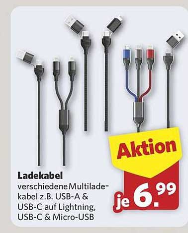 Ladekabel verschiedene Multiladekabel z.B. USB-A & USB-C auf Lightning, USB-C & Micro-USB