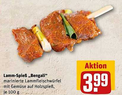 Lamm-Spieß „Bengali“ marinierten Lammfleischwürfel mit Gemüse auf Holzspieß, je 100 g