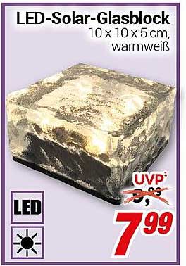 LED-Solar-Glasblock 10 x 10 x 5 cm, warmweiß