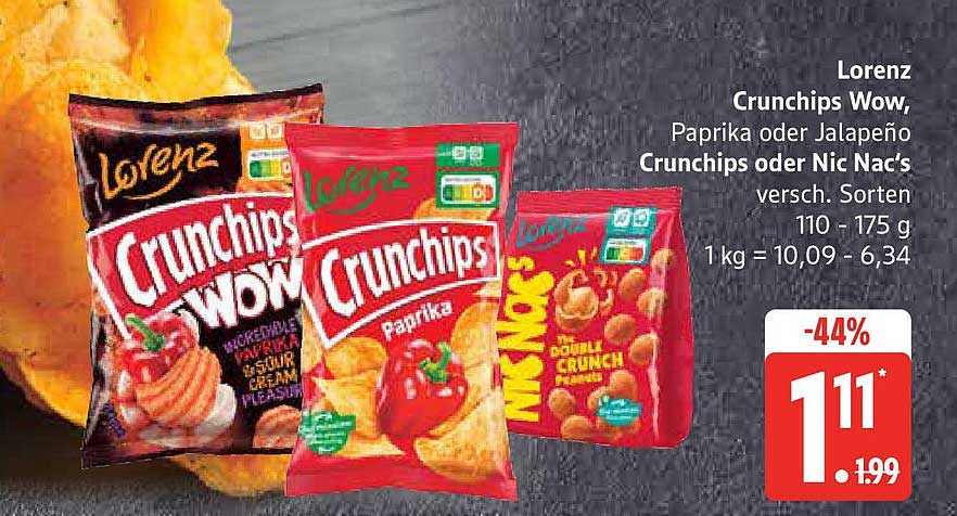 Lorenz Crunchips Wow, Paprika oder Jalapeño Crunchips oder Nic Nac's versch. Sorten 110 - 175 g
