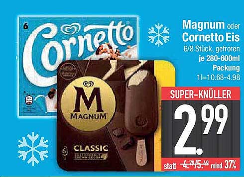 Magnum oder Cornetto Eis 6/8 Stück, gefroren 280-600ml Packung