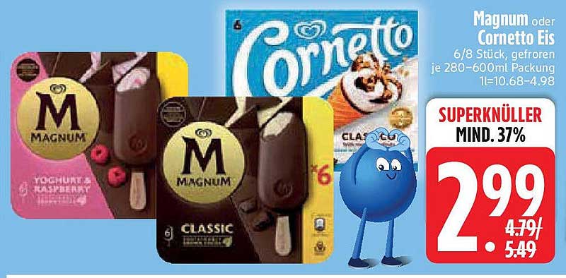 Magnum oder Cornetto Eis – 6/8 Stück gefroren je 280-600ml Packung