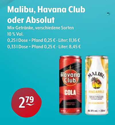 Malibu, Havana Club oder Absolut - Mix-Getränke, verschiedene Sorten