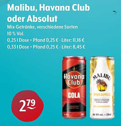 Malibu, Havana Club oder Absolut - Mix-Getränke, verschiedene Sorten