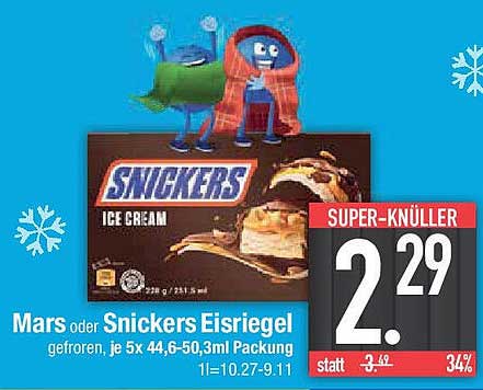 Mars oder Snickers Eisriegel, gefroren, je 5x 44,6-50,3ml Packung