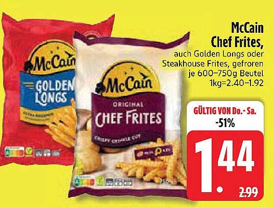 McCain Chef Frites, auch Golden Longs oder Steakhouse Frites, gefroren je 600-750g Beutel