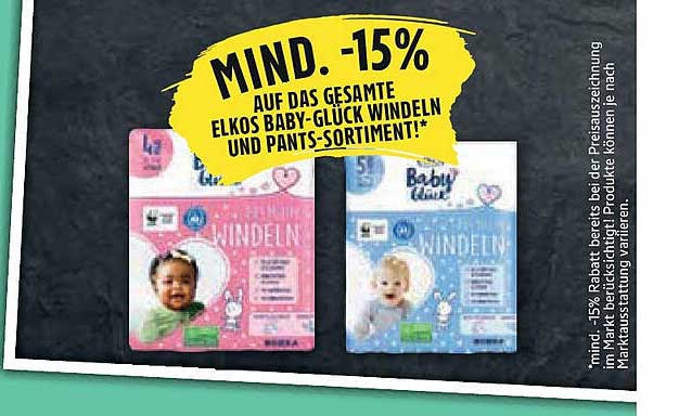 MIND. -15% auf das gesamte ELKOS BABY-GLÜCK Windeln und Pants-Sortiment!