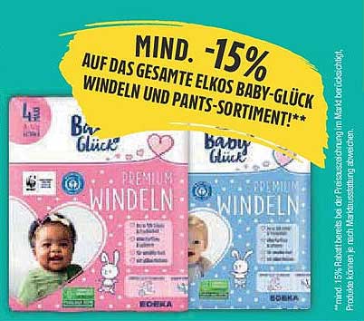 Mind. -15% auf das gesamte Elkos Baby-Glück Windeln und Pants-Sortiment!