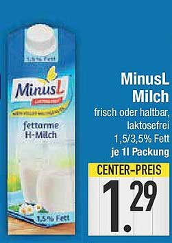 MinusL Milch, fettarm, laktosefrei, 1,5/3,5% Fett, je 1L Packung