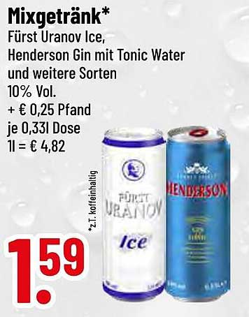 Mixgetränk Fürst Uranov Ice, Henderson Gin mit Tonic Water und weitere Sorten