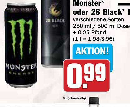 Monster Energy oder 28 Black – verschiedene Sorten für nur 0,99 €