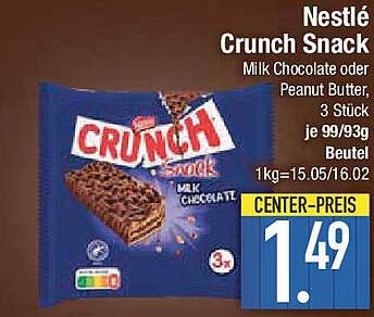 Nestlé Crunch Snack - Milk Chocolate oder Peanut Butter, 3 Stück je 99g