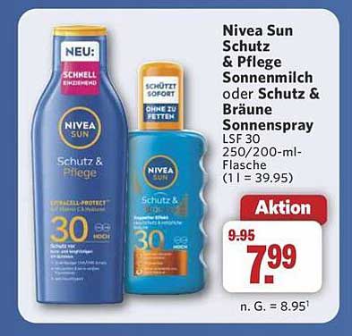 Nivea Sun Schutz & Pflege Sonnenmilch oder Schutz & Bräune Sonnenspray LSF 30