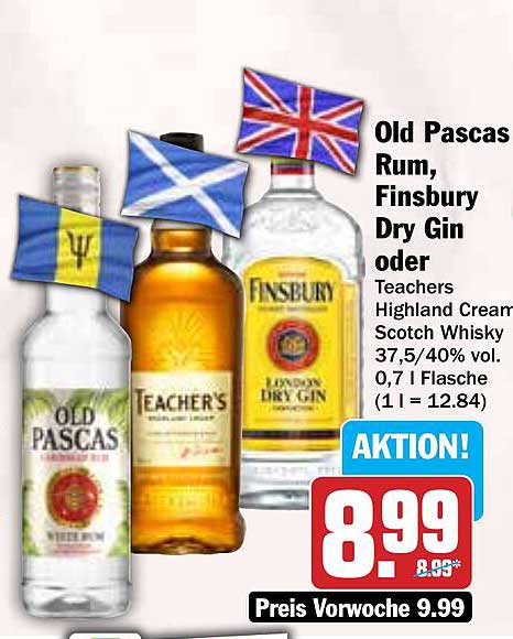 Old Pascas Rum, Finsbury Dry Gin oder Teacher's Highland Cream Scotch Whisky