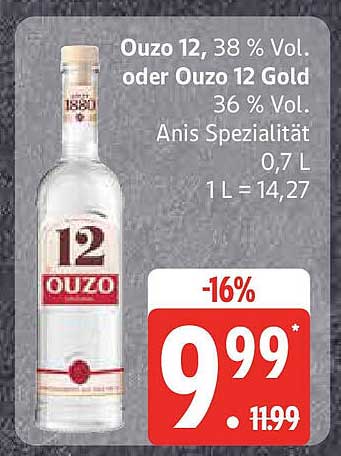 Ouzo 12, 38 % Vol oder Ouzo 12 Gold, 36 % Vol, Anis Spezialität, 0,7 L
