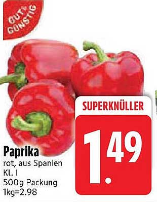 Paprika rot, aus Spanien KL. I 500g Packung
