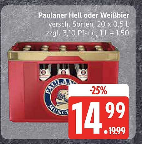 Paulaner Hell oder Weißbier 20 x 0,5 L für nur 14,99 €