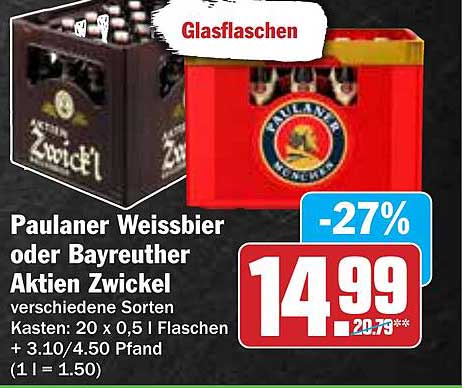 Paulaner Weissbier oder Bayreuther Aktien Zwickel 20 x 0,5 L