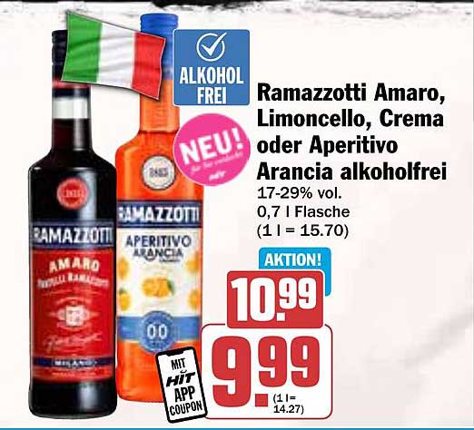 Ramazzotti Amaro, Limoncello, Crema oder Aperitivo Arancia alkoholfrei