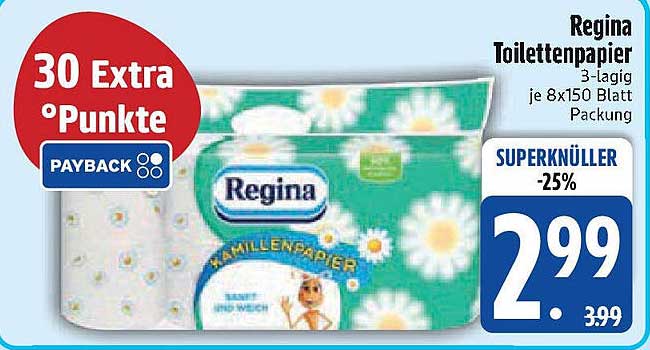 Regina Toilettenpapier 3-lagig je 8x150 Blatt Packung
