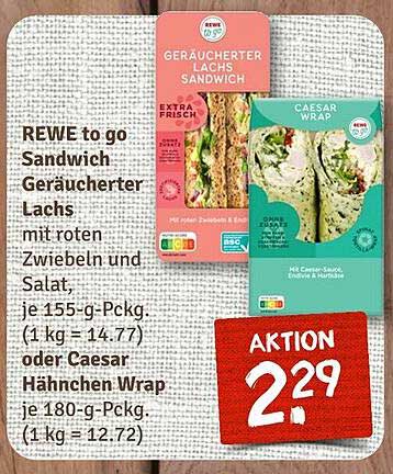 REWE to go Sandwich Geräucherter Lachs oder Caesar Hähnchen Wrap