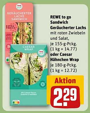 REWE to go Sandwich Geräucherter Lachs oder Caesar Hänchen Wrap
