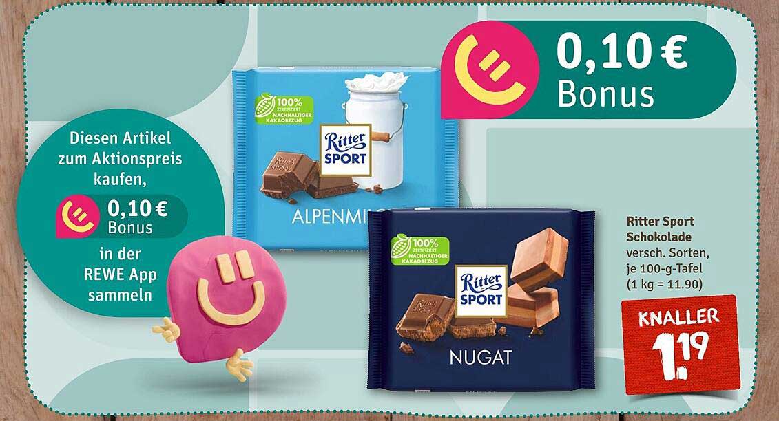 Ritter Sport Schokolade verschiedene Sorten, je 100-g-Tafel (1 kg = 11,90 €)