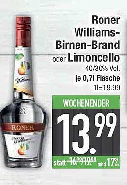 Roner Williams-Birnen-Brand oder Limoncello 0,7l Flasche