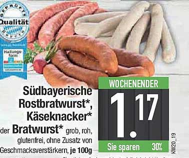 Südbayerische Rostbratwurst; Käseknacker; der Bratwurst – 100g