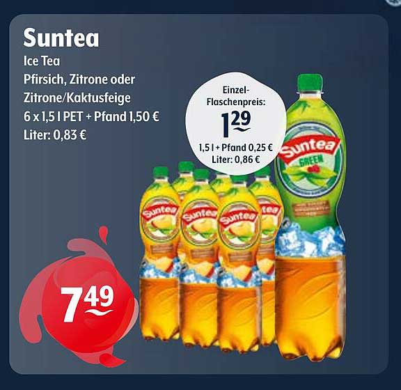 Suntea Ice Tea Pfirsich, Zitrone oder Zitrone/Kaktusfeige 6 x 1,5 l PET