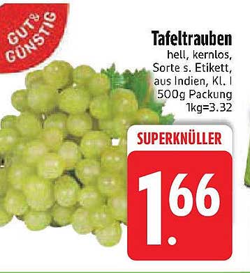 Tafeltrauben hell, kernlos, Sorte s. Etikett, aus Indien, Kl. I 500g Packung
