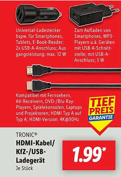 TRONIC® HDMI-Kabel/KfZ/USB-Ladegerät
