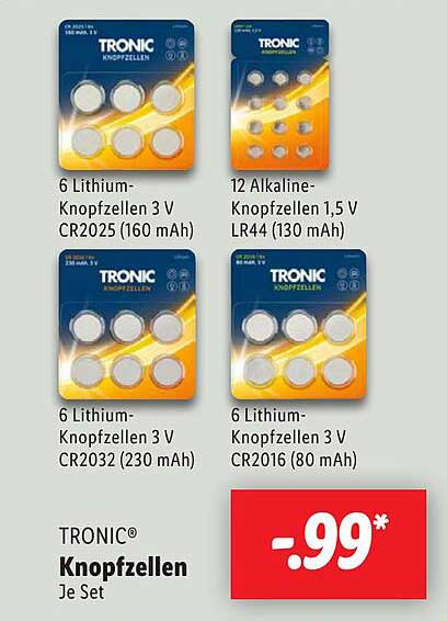 TRONIC® Knopfzellen - Je Set