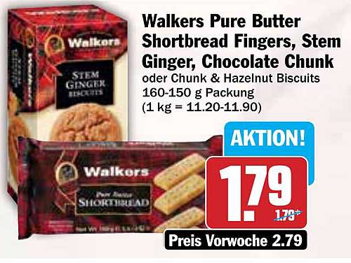 Walkers Pure Butter Shortbread Fingers, Stem Ginger, Chocolate Chunk oder Chunk & Haselnut Biscuits