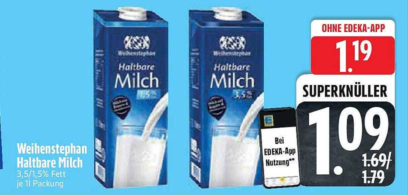 Weihenstephan Haltbare Milch 3,5%/1,5% Fett je 1l Packung